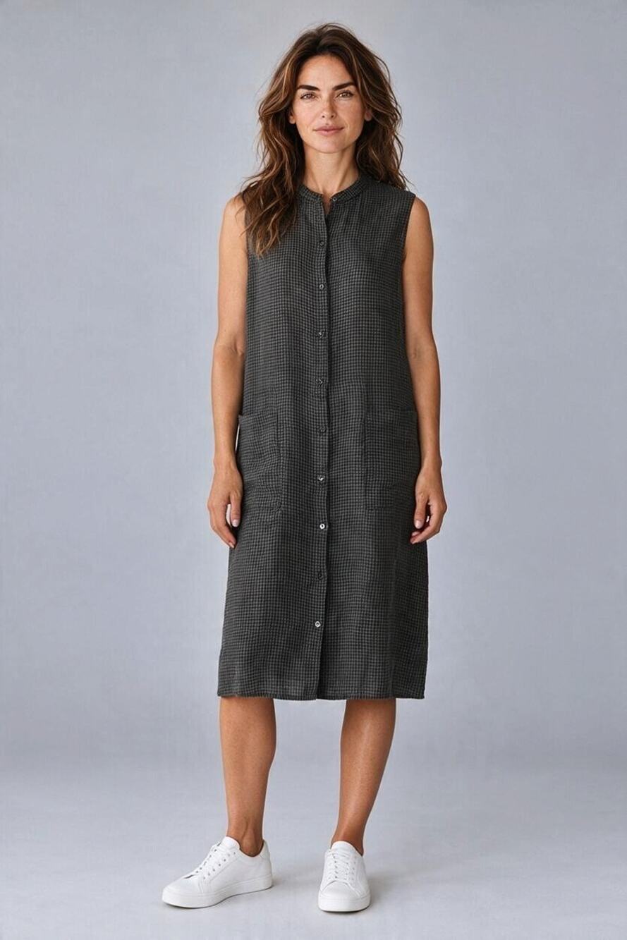 A5 Auth EILEEN FISHER Organic Linen Micro Check Sleeveless Shirt Dress Size L